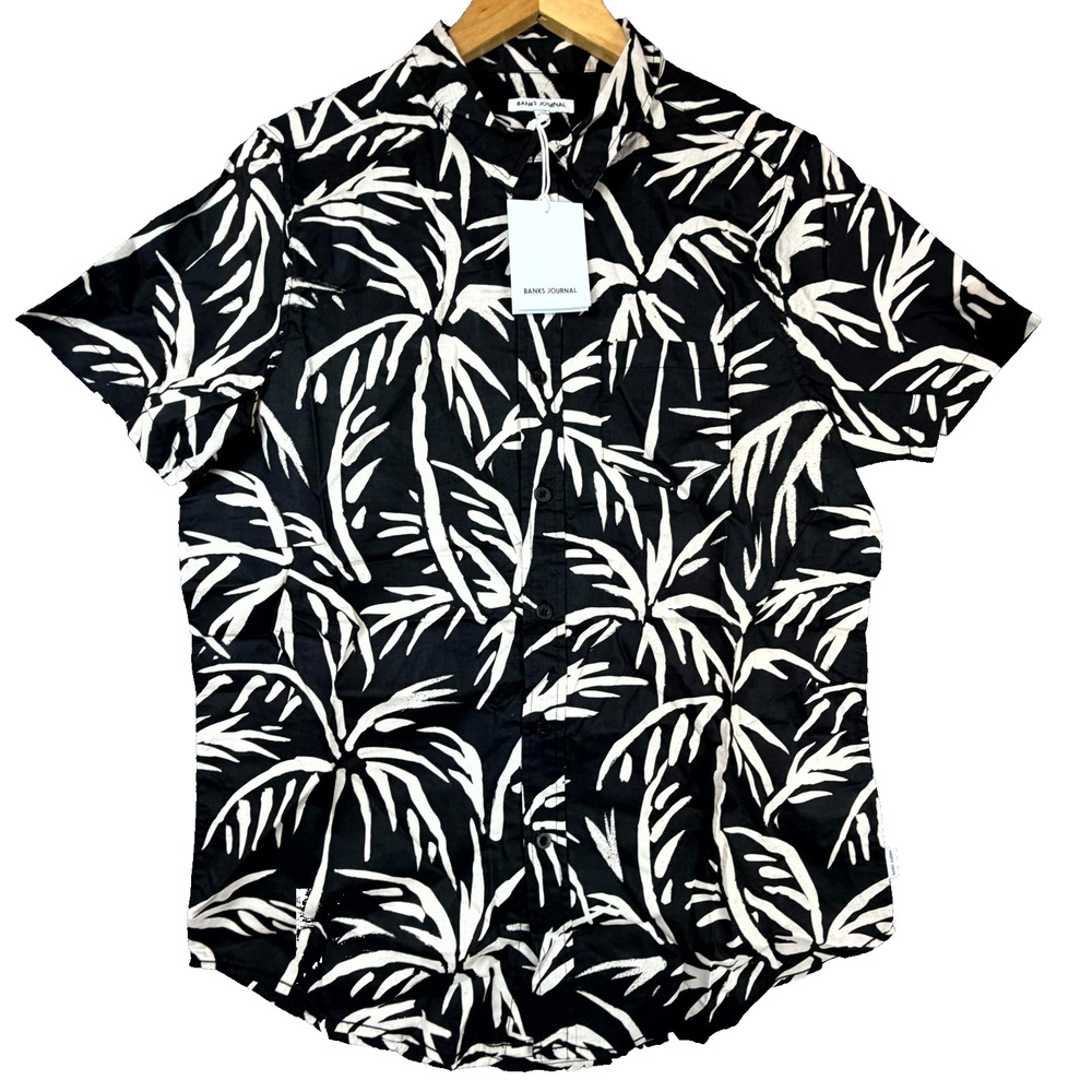 Banks Journal Grove Shirt Men Small Dirty Black White Tropical Palm Trees Resort